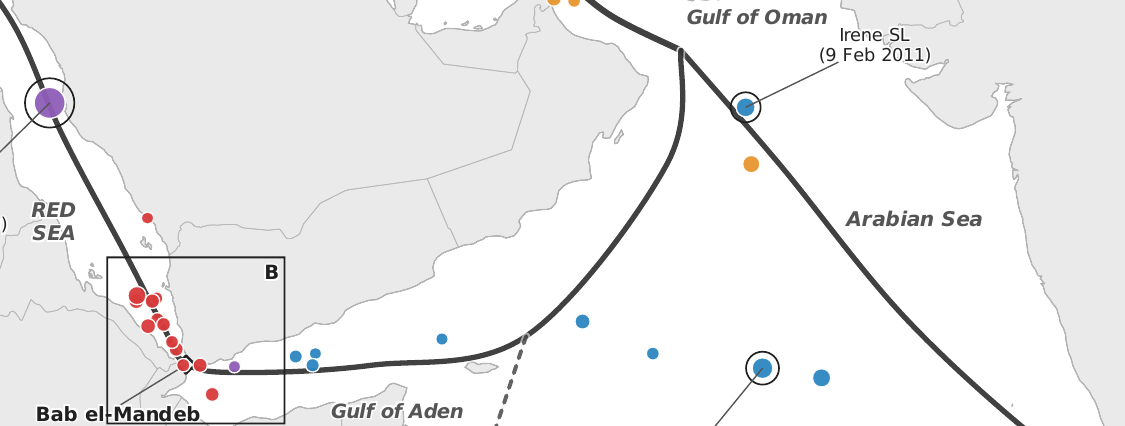 Map of attacks on crude and heavy fuel oil tankers between the Red Sea and the Arabian Sea, 2010–2024